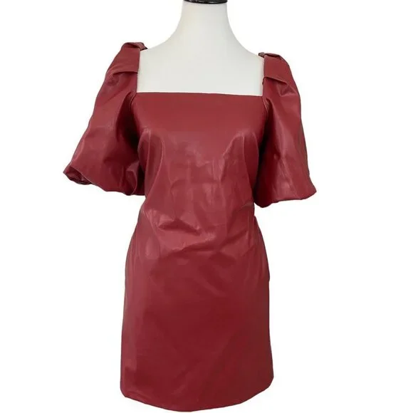 Mare Mare x Anthropologie Red Faux Leather Puff Sleeve Bow Back Dress Medium - Picture 2 of 14